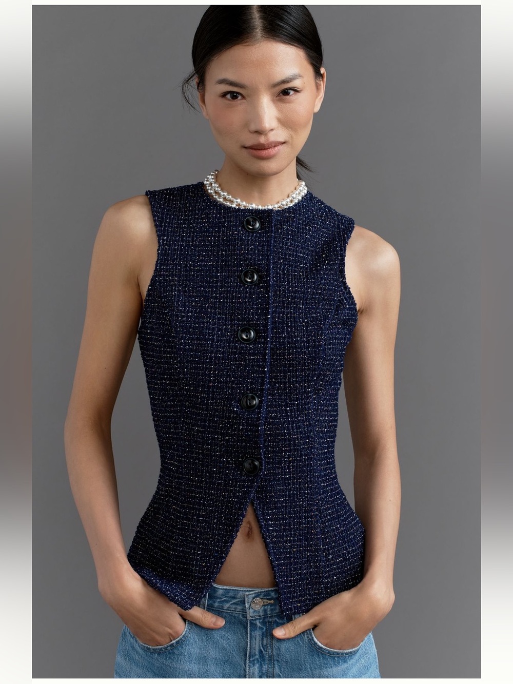 Anthropologie brand new Maeve Navy Tweed Sleeveless Top with Multicolor Flecks